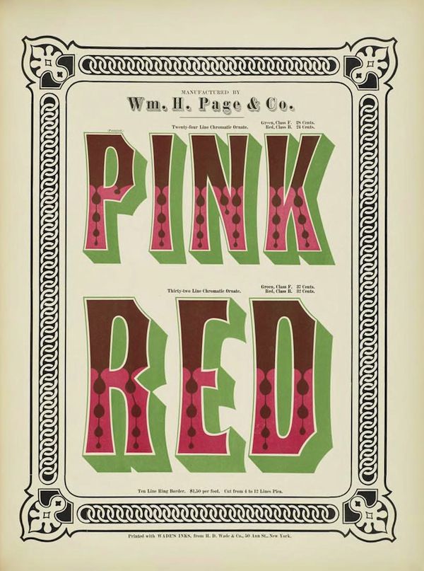 A vintage trade card featuring the words "PINK" and "RED" in large, striped lettering, surrounded by an ornate border and additional text.