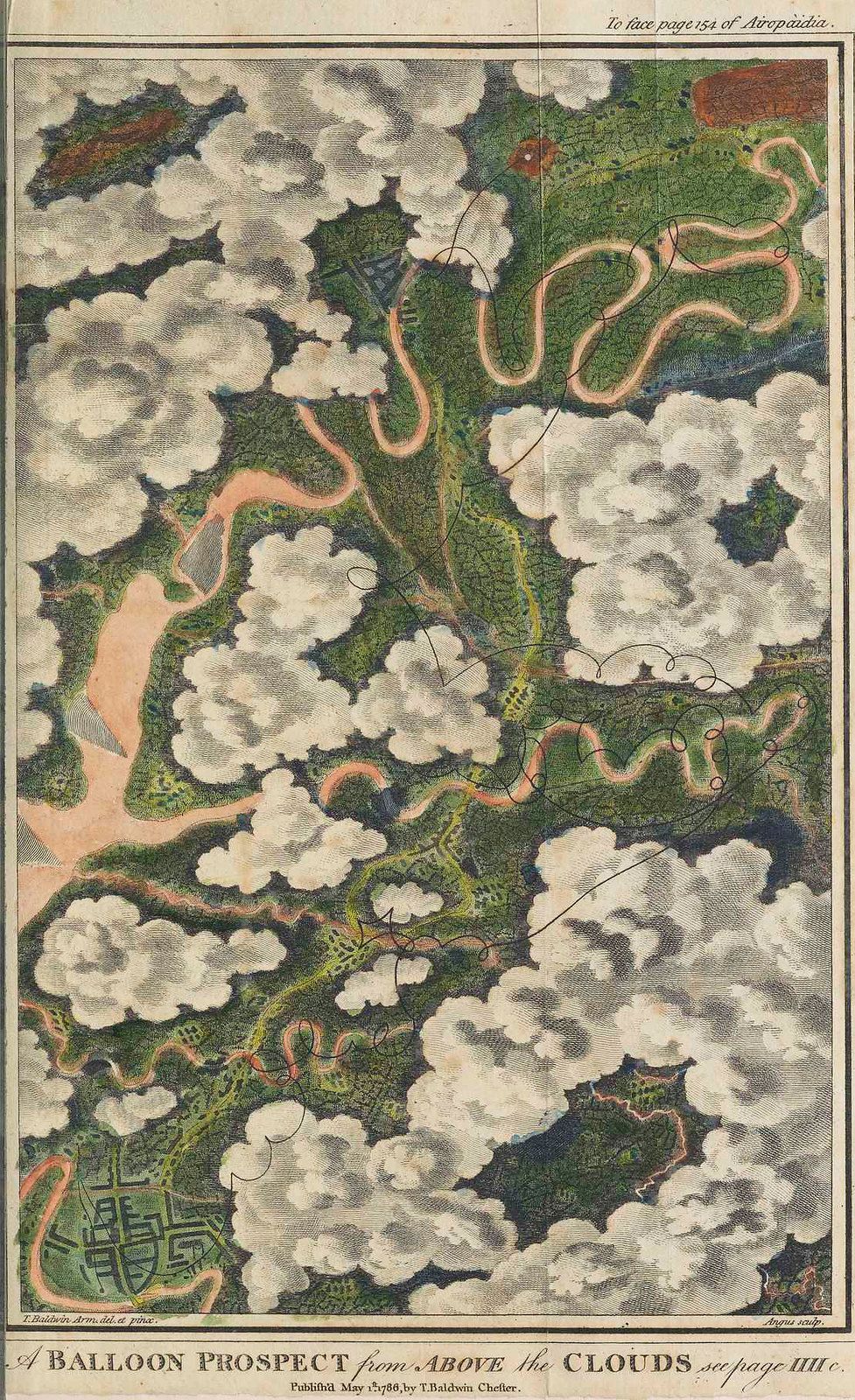 A vintage engraving titled "A Balloon Prospect from Above the Clouds," depicting a landscape viewed from a high vantage point, as if from a hot air balloon.