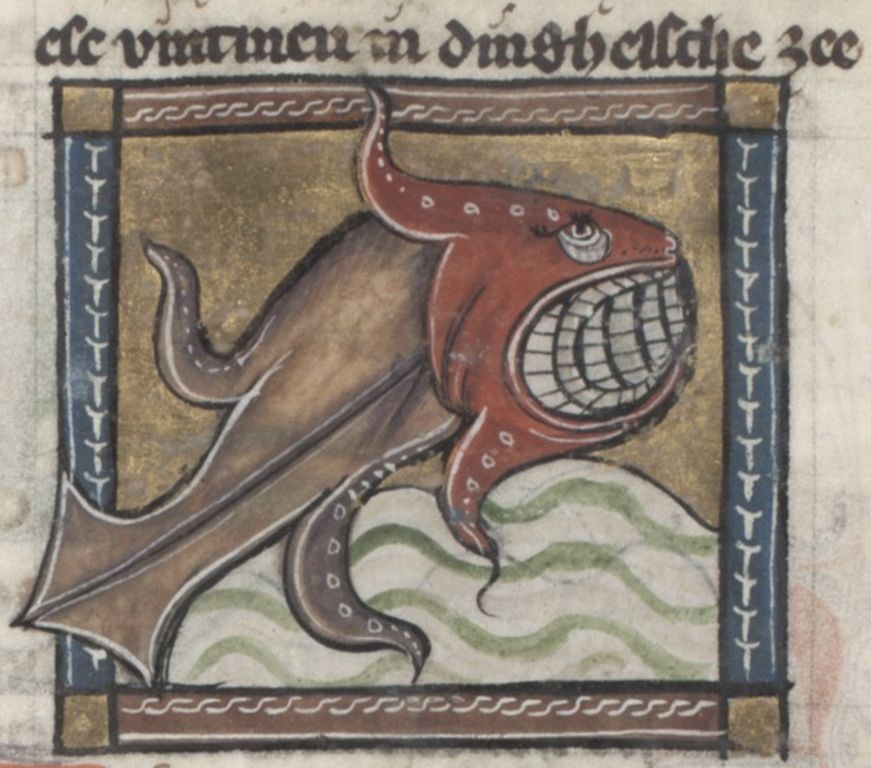 Medieval illustration of a sea monster with tentacles and a gaping mouth, framed by a decorative border.