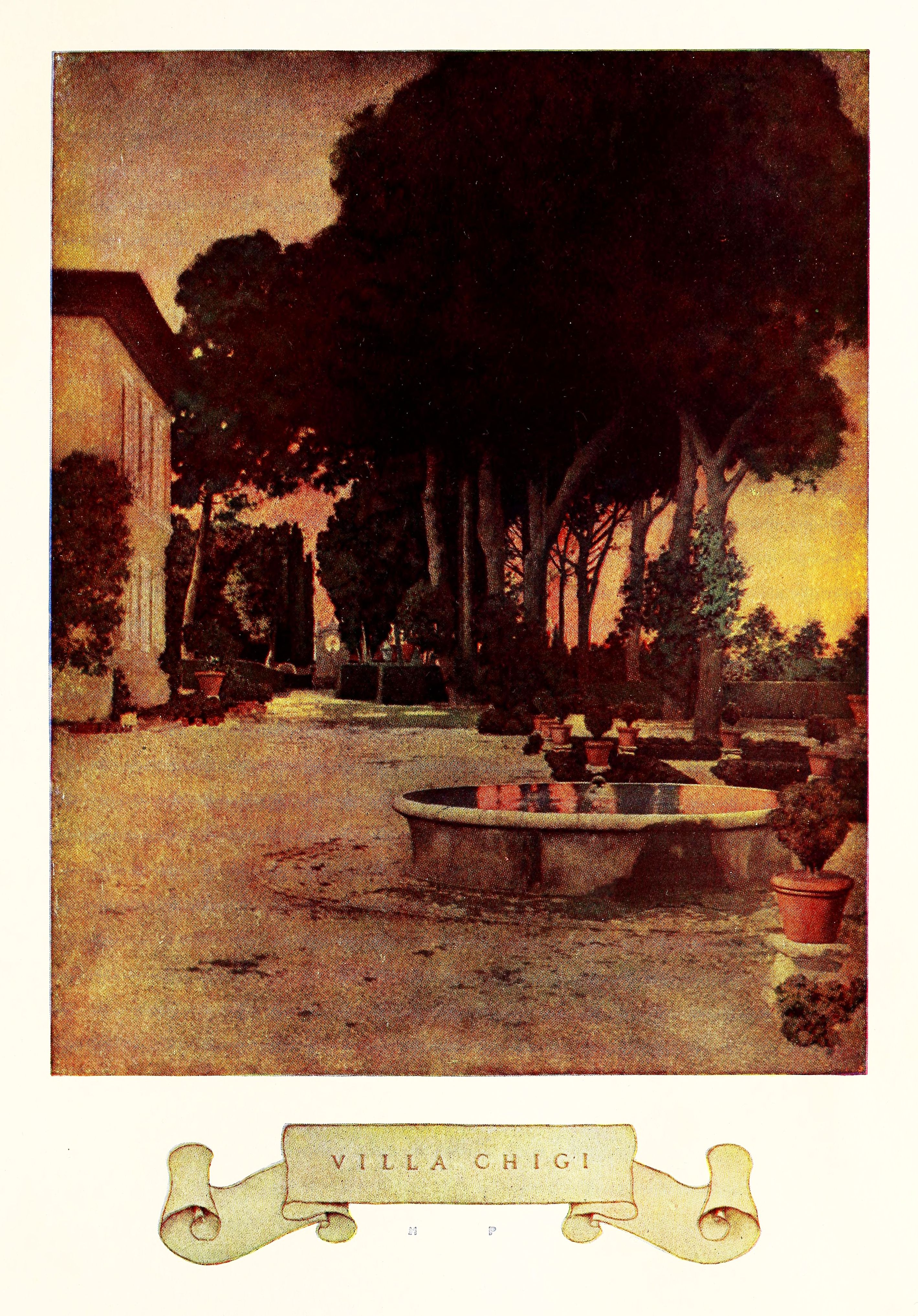 Vintage photograph of a courtyard at Villa Chigi with a fountain, trees, and a building in the background.