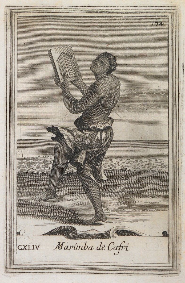An engraving of a man playing a marimba.
