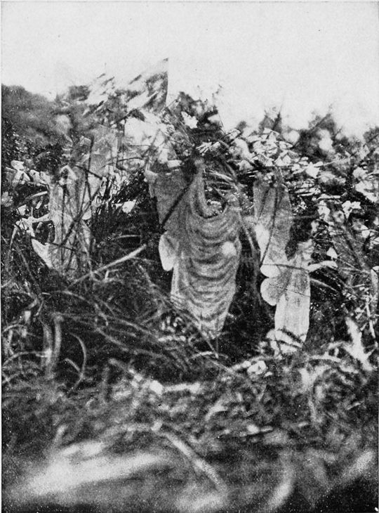 A grainy black and white photograph of a weathered statue covered in dense foliage.