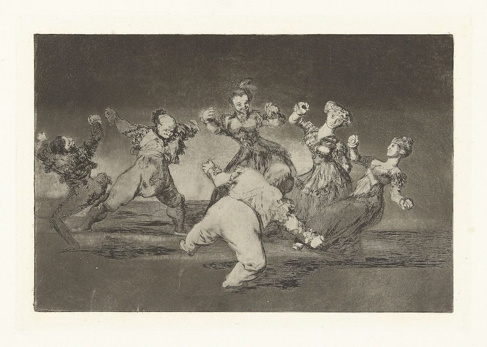 A black and white etching depicting a chaotic scene with a group of people in what appears to be a violent struggle.