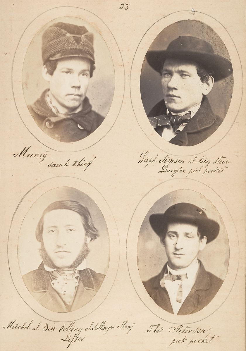 Four oval-shaped portraits of men, labeled with their names and crimes, arranged in a grid-like pattern on a cream-colored background.