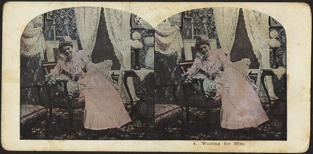 Stereo card image of a woman in a Victorian-era dress, seated in a chair and looking off to the side, labeled '4. Waiting for Him.'