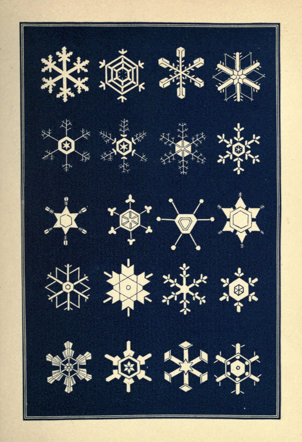 Vintage illustration of various snowflake designs on a dark background.