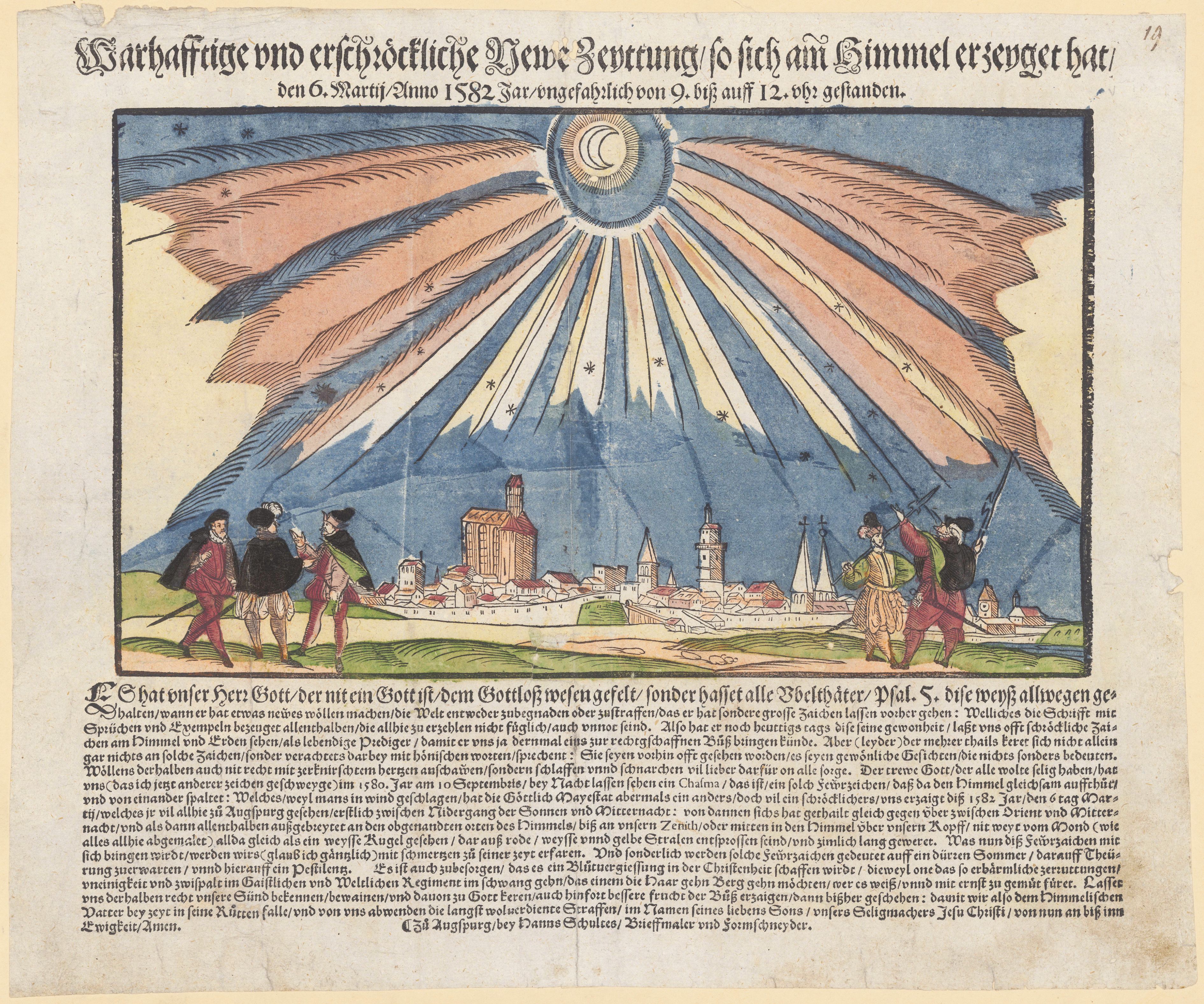 A detailed woodcut illustration depicting a dramatic religious scene with figures, angels, and a chaotic landscape, framed by an ornate border and accompanied by text in an old German script.