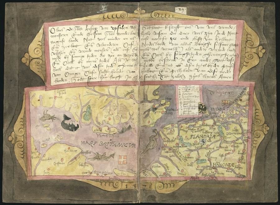 Antique map of Mare Britannicum and Flandria with text and a sea monster illustration.