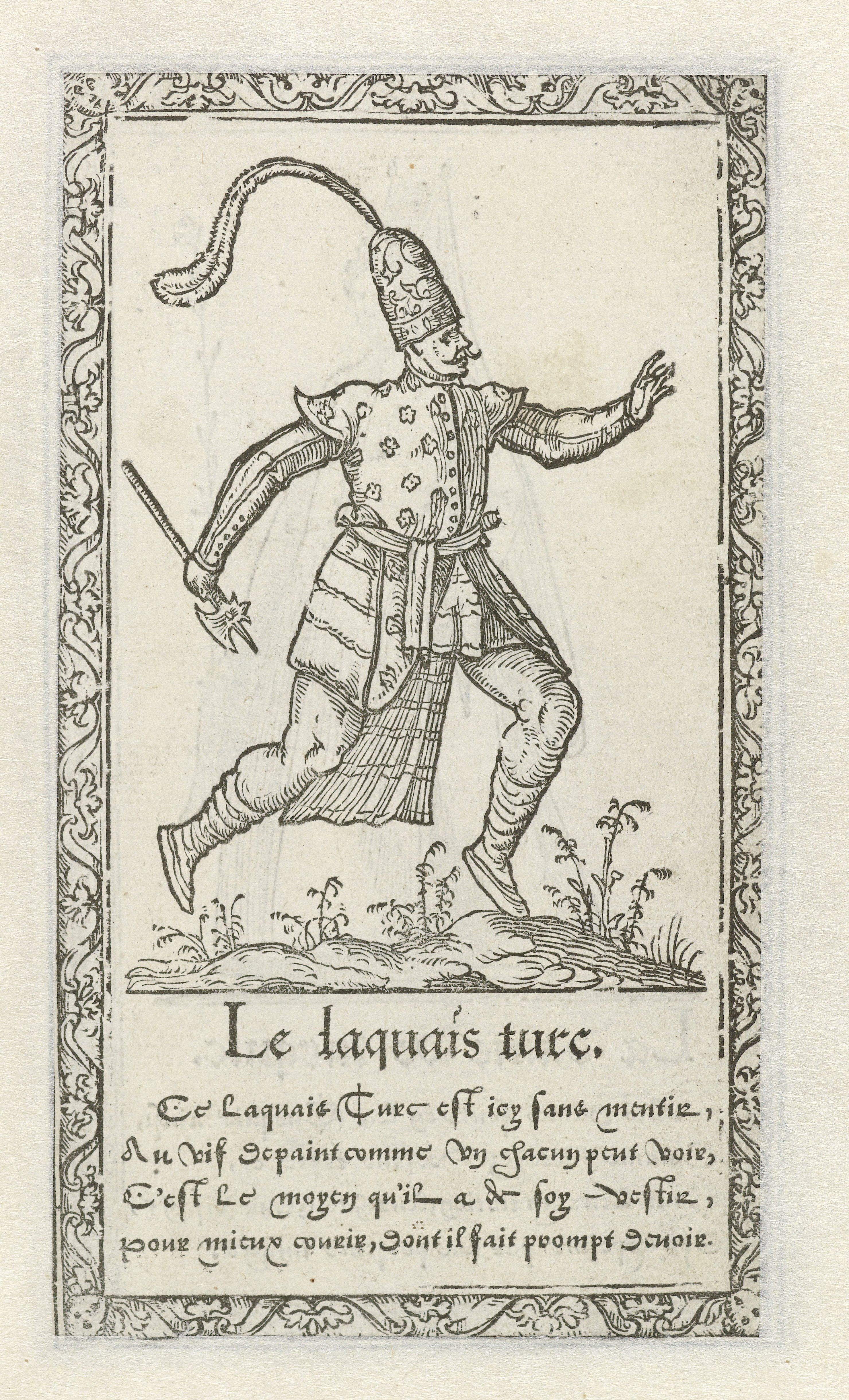 A black and white woodcut illustration of a man in a hat with a long plume, walking or dancing, framed by an ornate border with text below.
