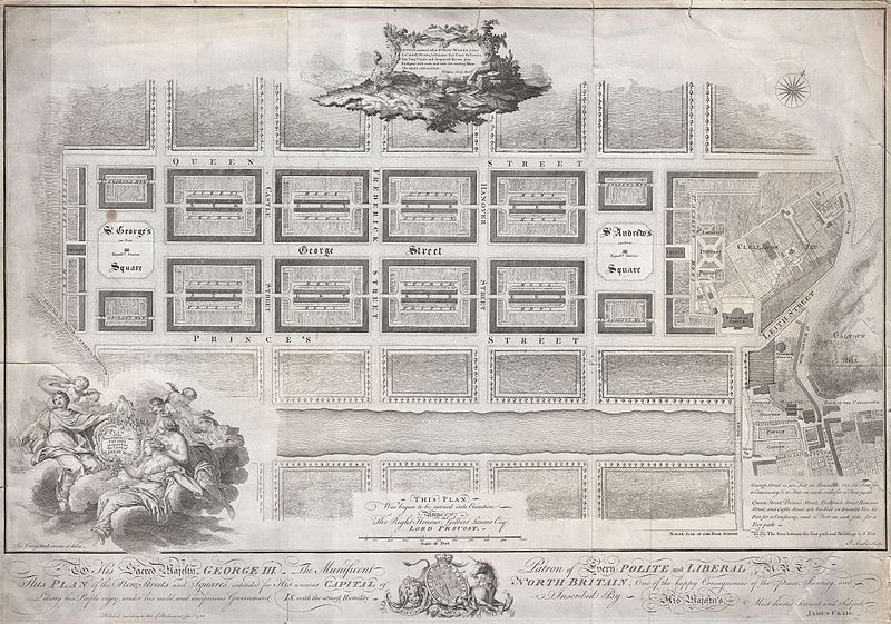 Antique map of a planned city with a grid layout, featuring streets, squares, buildings, waterways, and decorative elements.