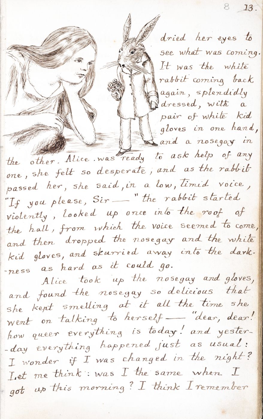 A vintage illustration of Alice looking up at a white rabbit in a hallway. The rabbit is startled and rushing past, holding a nosegay and gloves.