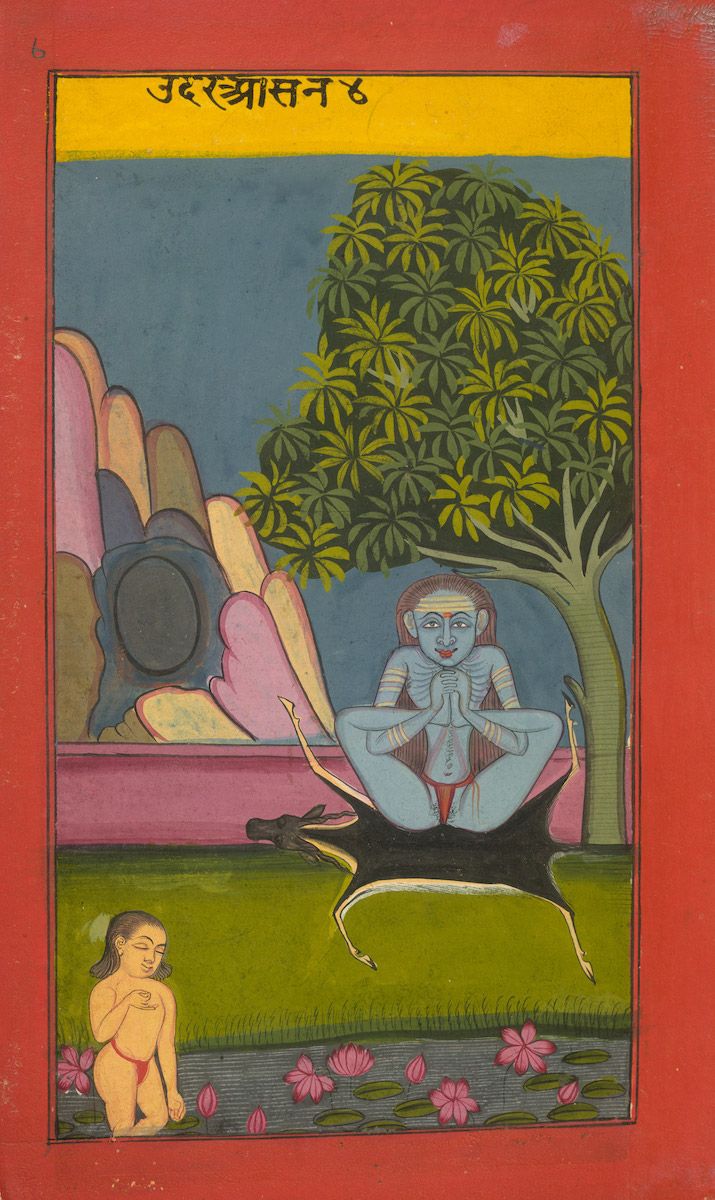 A vibrant, stylized painting depicting a child, a blue-skinned figure on an antelope, and a large hand reaching down from above, set against a backdrop of a tree and lotus flowers.