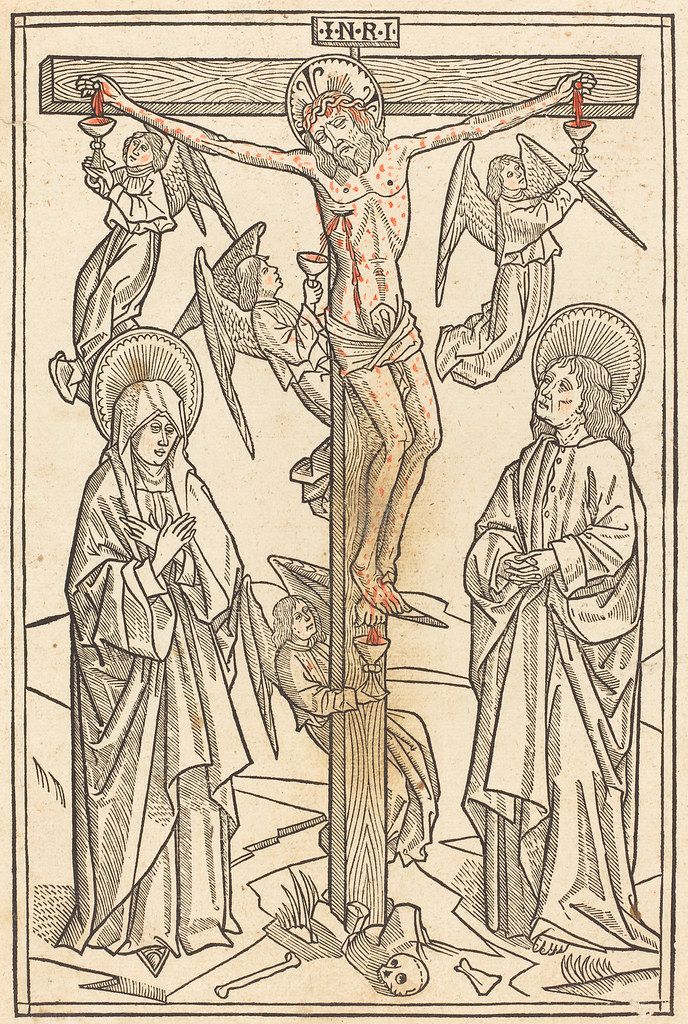 A woodcut print depicting the crucifixion of Jesus Christ, surrounded by angels, Mary, John, and tools of the crucifixion.