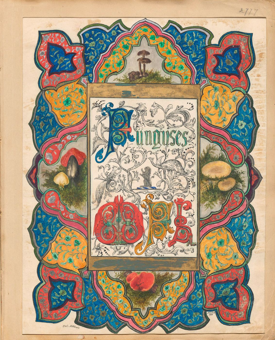 A detailed, ornate artwork on a paper background with text and illustrations framed by an elaborate border.
