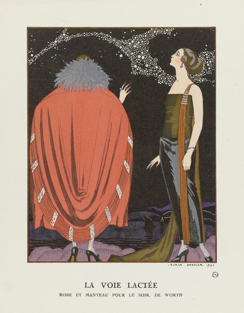 A vintage fashion illustration from 1921 titled 'La Voie Lactée' (The Milky Way) by George Barbier, advertising a dress and coat for evening wear by House of Worth.