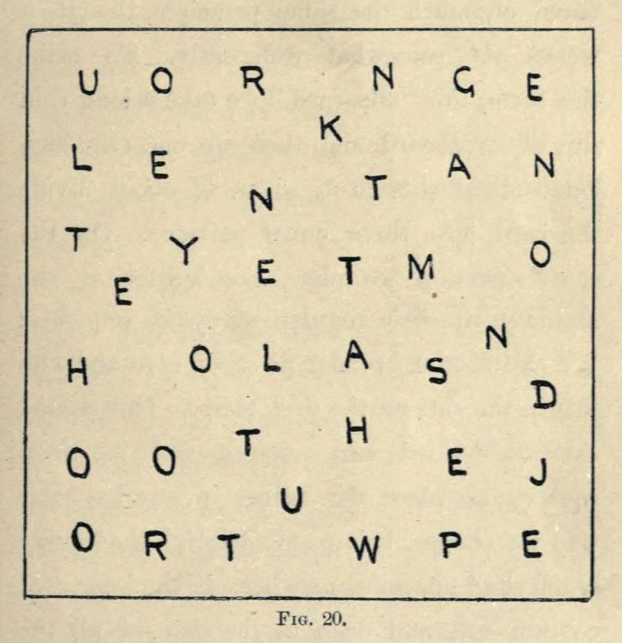 A grid filled with uppercase letters, likely part of a word puzzle or game. The grid is bordered by a black line, and the text 'Fig. 20.' is printed below.