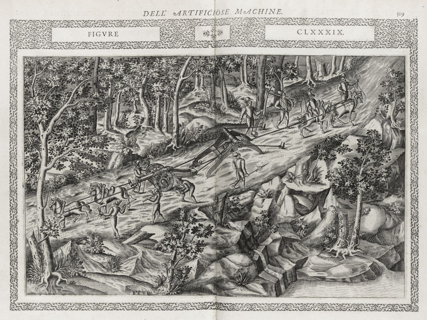 Black and white engraving of a complex machine being operated by people in a forest landscape.