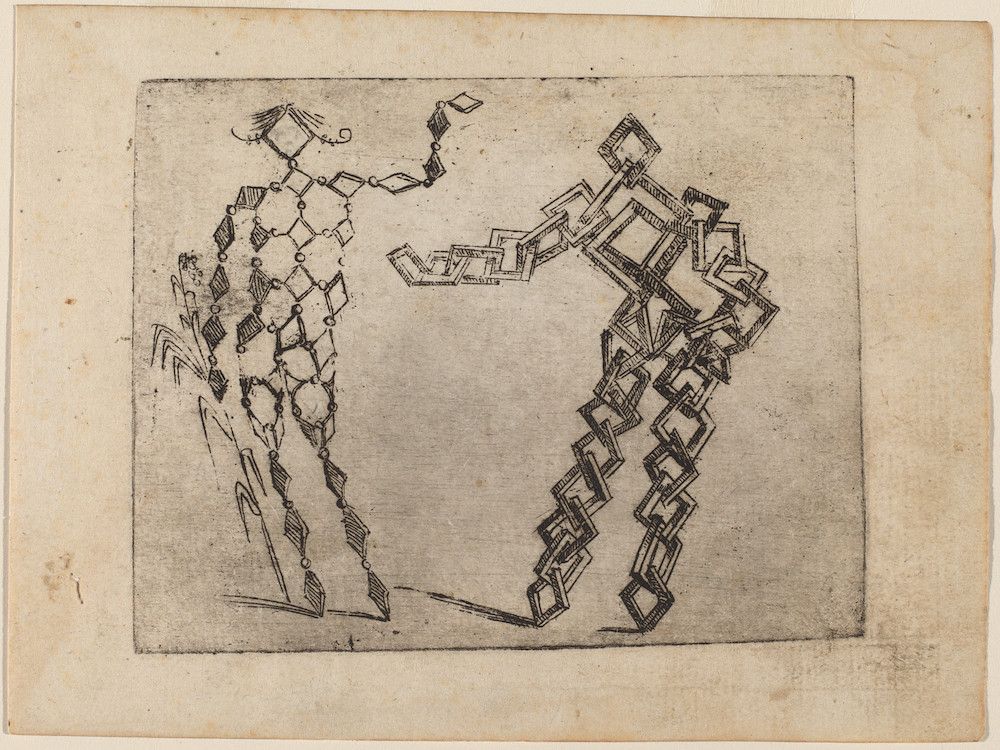 A black and white etching or drawing featuring an abstract, geometric pattern composed of interconnected diamond, rectangular, and square shapes.