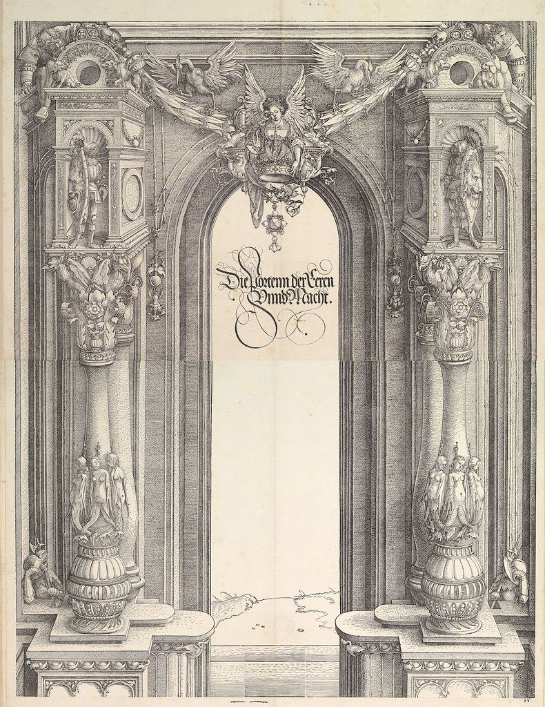 A detailed black and white engraving of an ornate archway with columns, sculptures, and an angel.