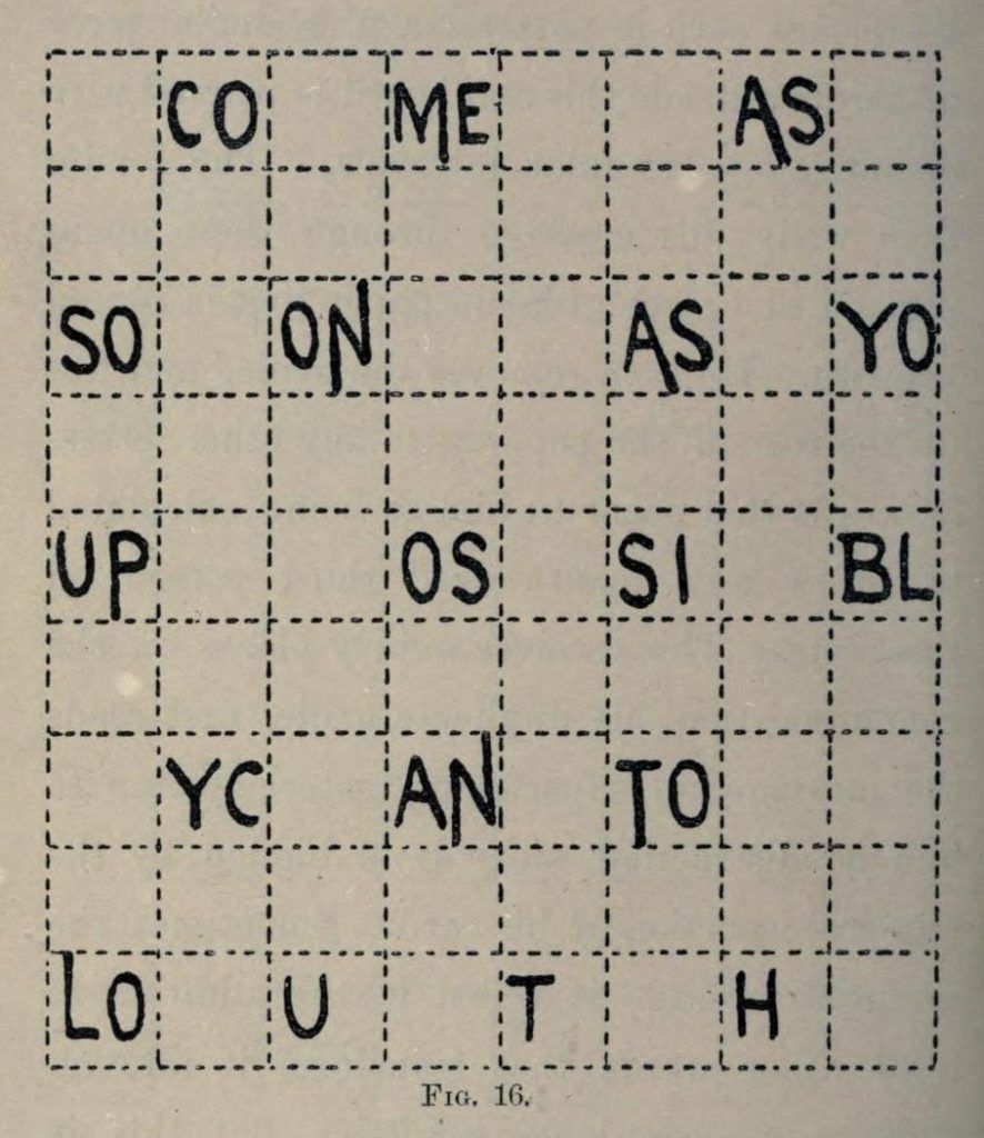 A grid of squares with two-letter combinations in each square, reading CO, ME, AS, SO, ON, AS, YO, UP, OS, SI, BL, YC, AN, TO, LO, U, T, H. The caption at the bottom reads "Fig. 16."