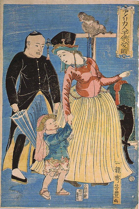 A Japanese woodblock print depicting a man, a woman, a child, and a monkey.