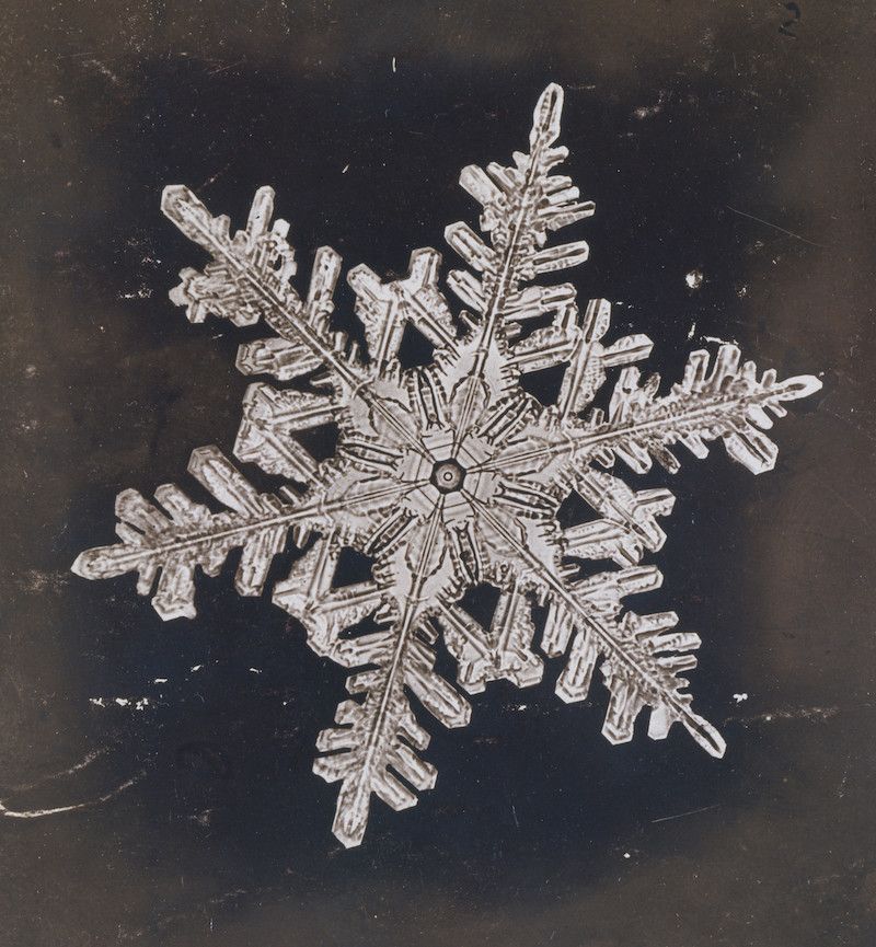 Close-up of a snowflake with six branches and intricate details against a dark background.