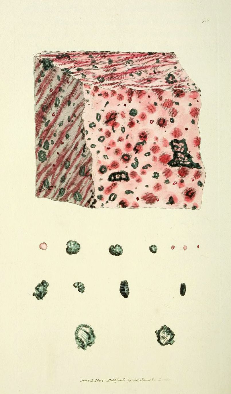 Vintage illustration of a cube-like structure with a textured pattern of red and dark spots, accompanied by scattered individual shapes and handwritten text.