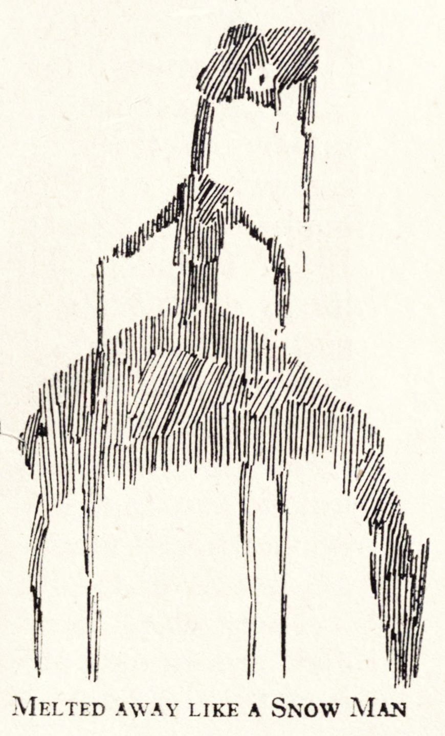Vintage illustration of a melting snowman, with dense lines representing the snow and a distorted, slumping shape.