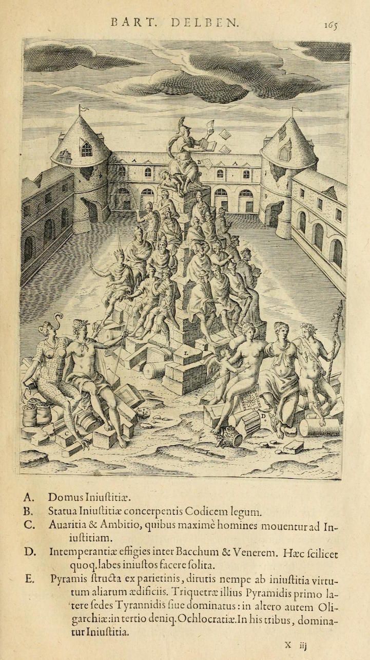 A detailed black and white engraving from a book, titled 'Bart. Delben' with the page number '165' at the top. The scene depicts a chaotic and crowded public square, likely representing a city.