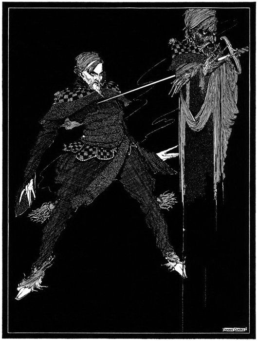 A black and white illustration of a duel between a man and a ghost, both wielding swords. The man is dressed in Renaissance-era clothing, while the ghost is a skeletal figure draped in flowing robes. The background is entirely black.