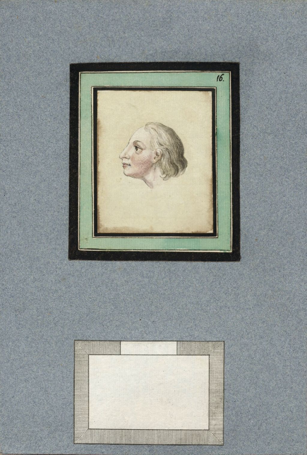 Vintage portrait of a man's head in profile, framed within decorative borders, with the number '16' in the upper right corner and a blank rectangle below.