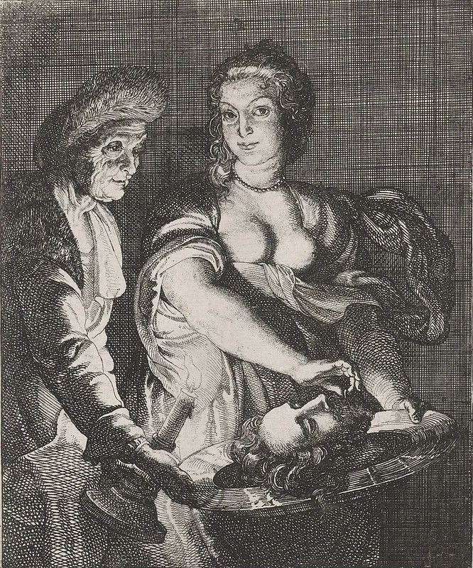 A black and white engraving depicting a woman and an older man examining a skull in a basket.