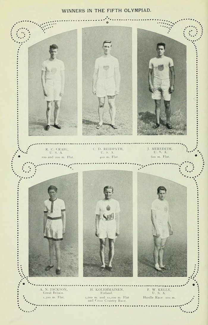 A vintage page from a publication documenting the winners of the Fifth Olympiad, featuring six portraits of male athletes in running uniforms, with text identifying their names, countries, and events.