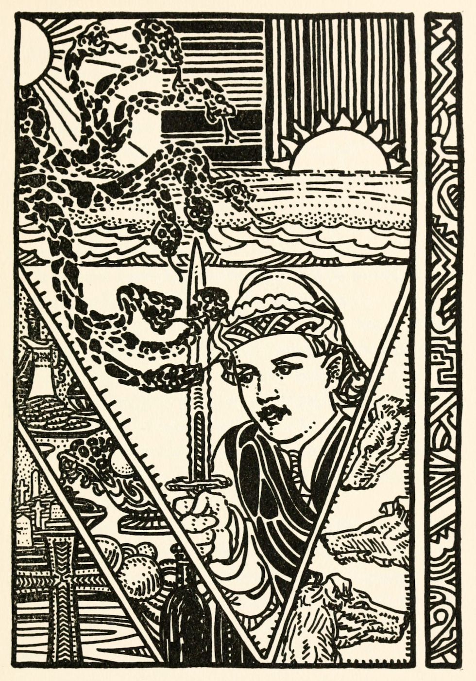 A black and white illustration of a young man holding a sword next to a ladder, with a landscape and sun in the background, framed by a decorative border.