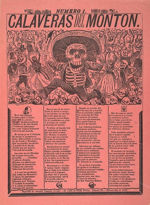 A vintage print titled "Calaveras del Montón" (Skulls of the Heap) featuring a large, ornate skeleton in military attire surrounded by columns of Spanish text.