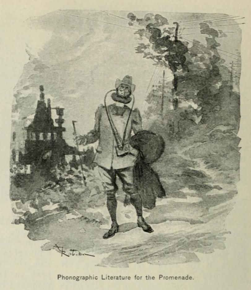 A vintage illustration of a man in early 20th-century attire wearing headphones connected to a device, standing in a park-like setting. The text at the bottom reads 'Phonographic Literature for the Promenade'.