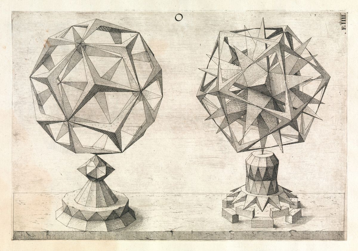 Vintage engraving of two views of a complex geometric solid on pedestals.