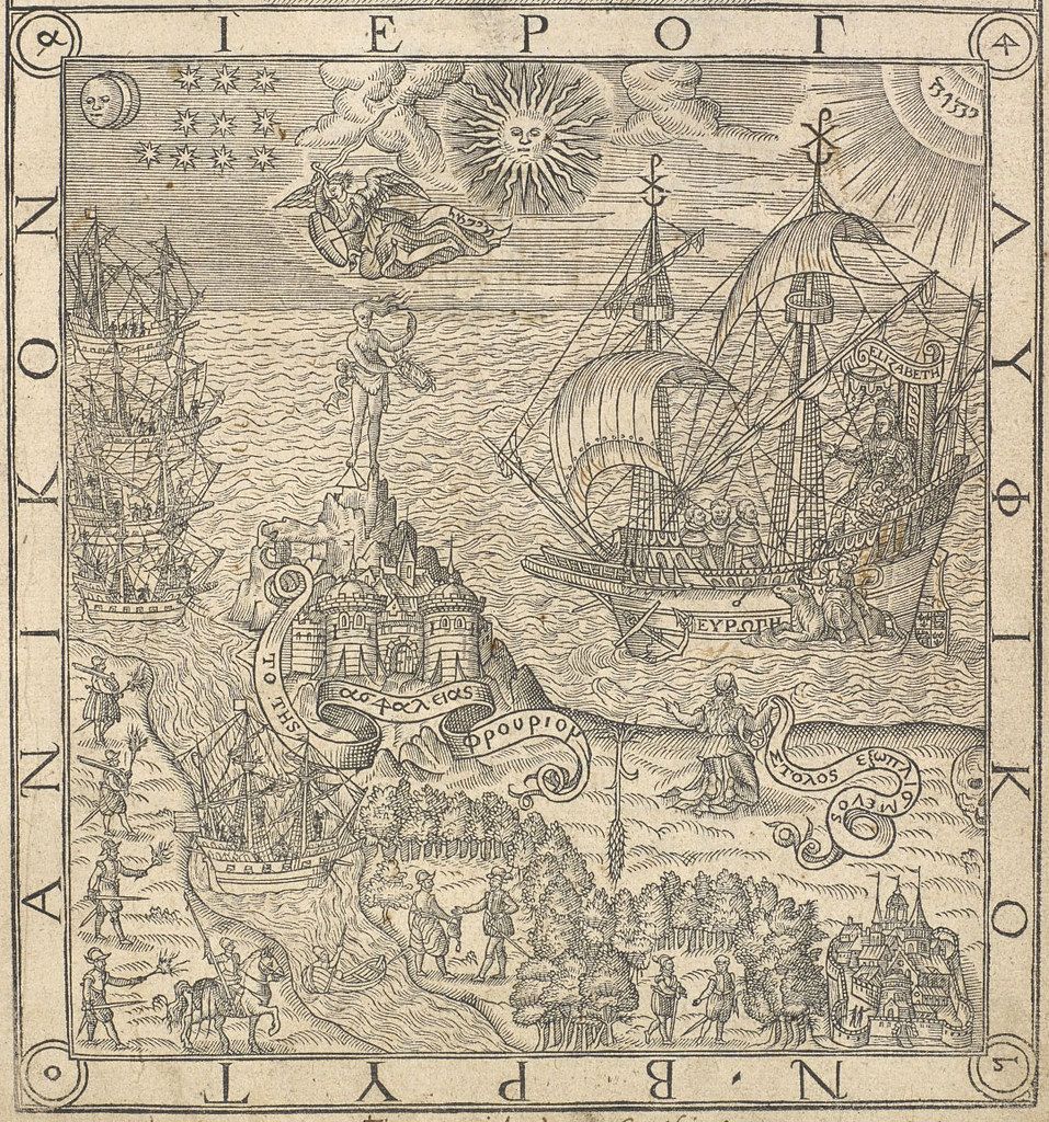 Antique engraving of a chaotic maritime scene with ships, people fighting, and a radiant sun.