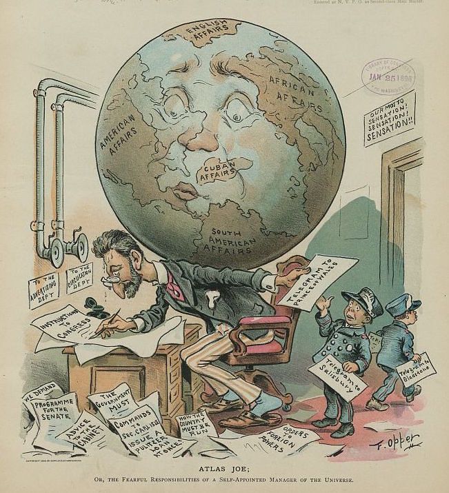 A political cartoon depicting a man straining under the weight of a globe labeled with world affairs, surrounded by men handing him telegrams.