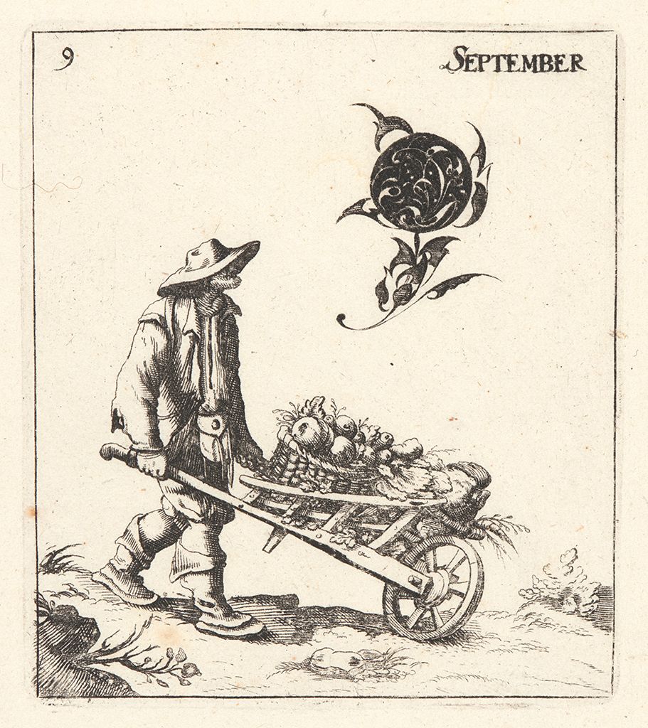 A black and white engraving depicting a man pushing a wheelbarrow full of vegetables, representing the month of September.