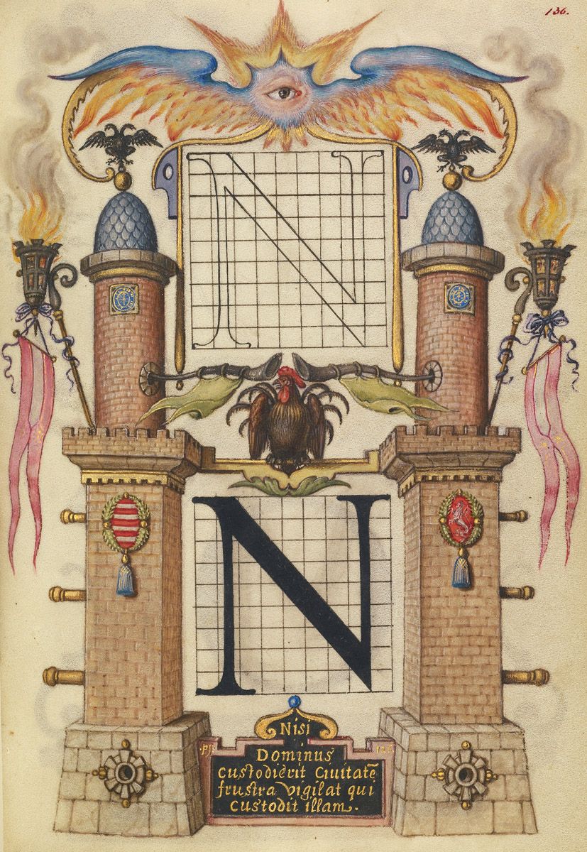 A detailed illustration of a castle-like structure with a large letter 'N' inside, topped with a sun and eye, and featuring Latin text below.