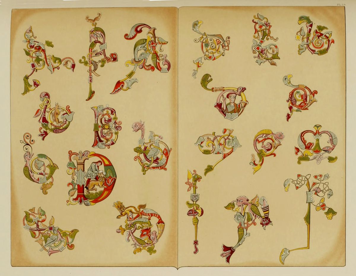 A page spread from an illuminated manuscript filled with intricate, colorful designs of initial letters and decorative elements.