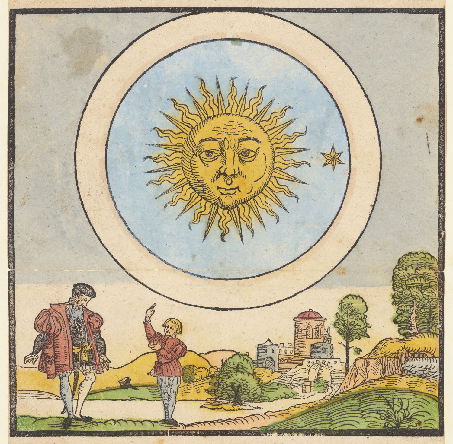 A vintage illustration of the sun with a human face, two men in conversation, a castle, and a tree.