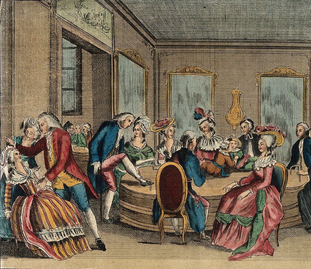 A colorful, detailed engraving depicting a lively social gathering in what appears to be a fashionable room of the 18th century.