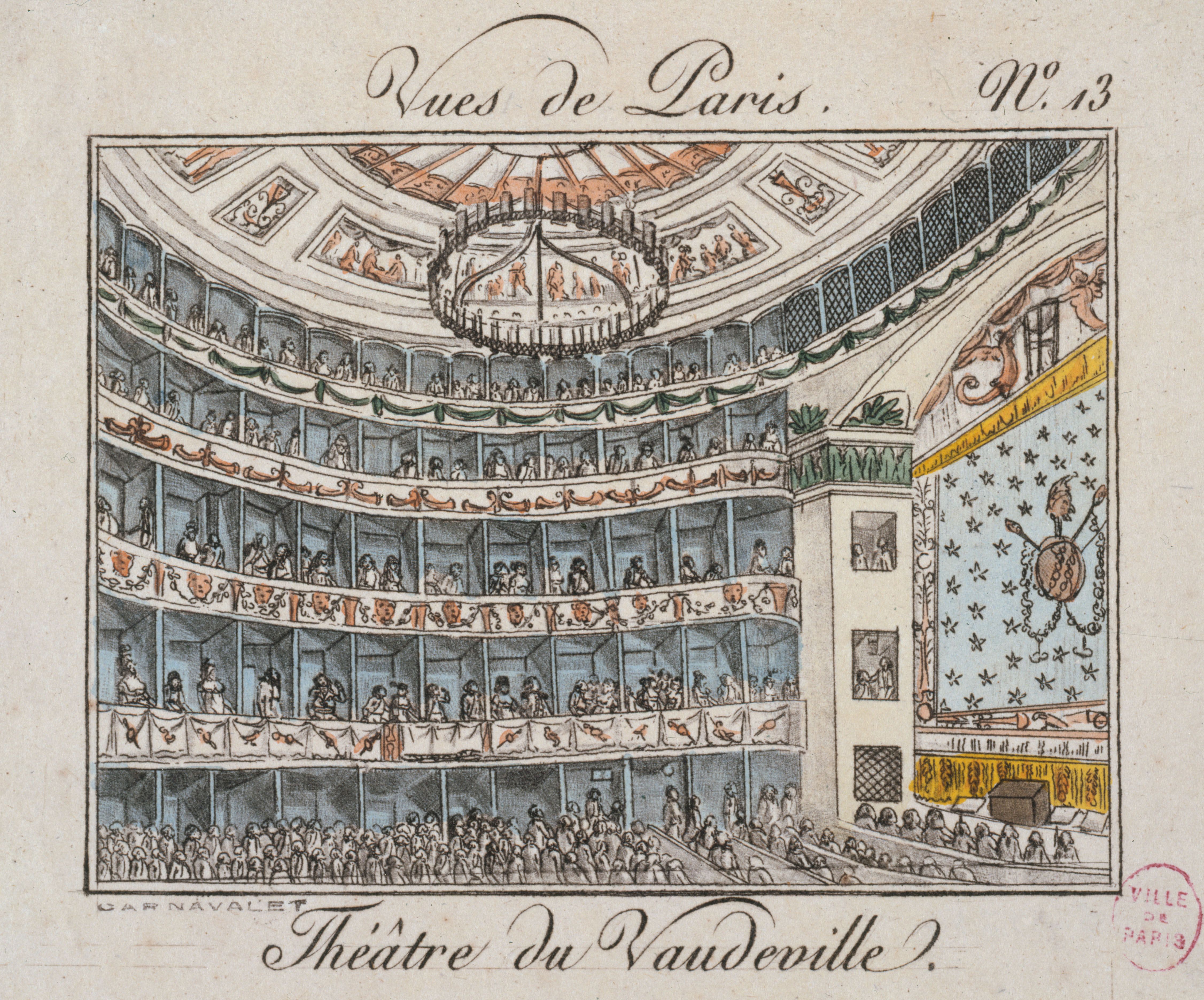 Vintage drawing of the interior of the Théâtre du Vaudeville in Paris, showing a packed audience in box seats around a stage, with a large chandelier hanging from the ceiling.
