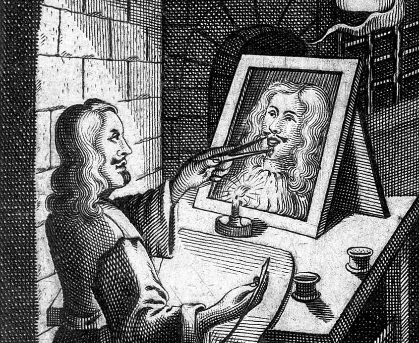 A black and white engraving of a man looking at himself in a mirror while smoking a pipe.