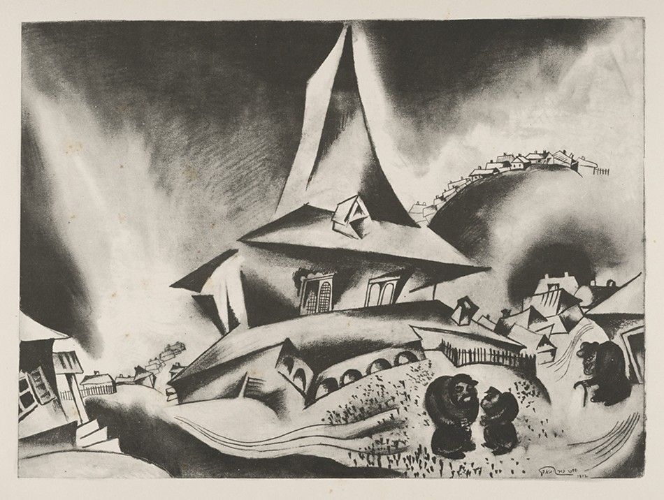 Black and white drawing of a cityscape with a large church and a crowd of people.