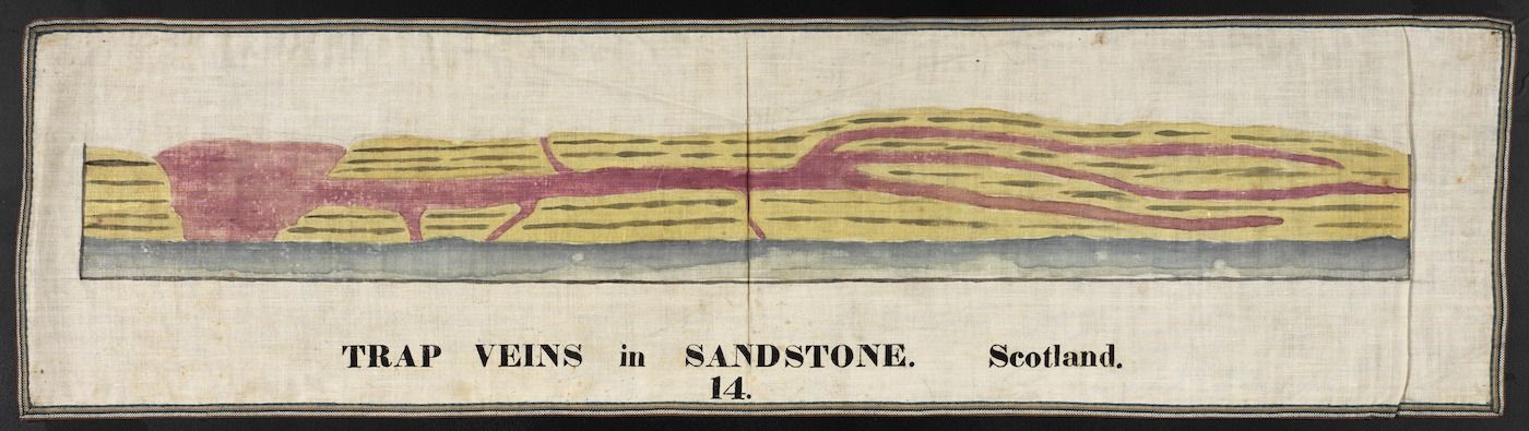Hand-colored lithograph of 'Trap Veins in Sandstone' from Scotland, showing reddish-pink veins running through horizontal layers of light yellow-tan sandstone.