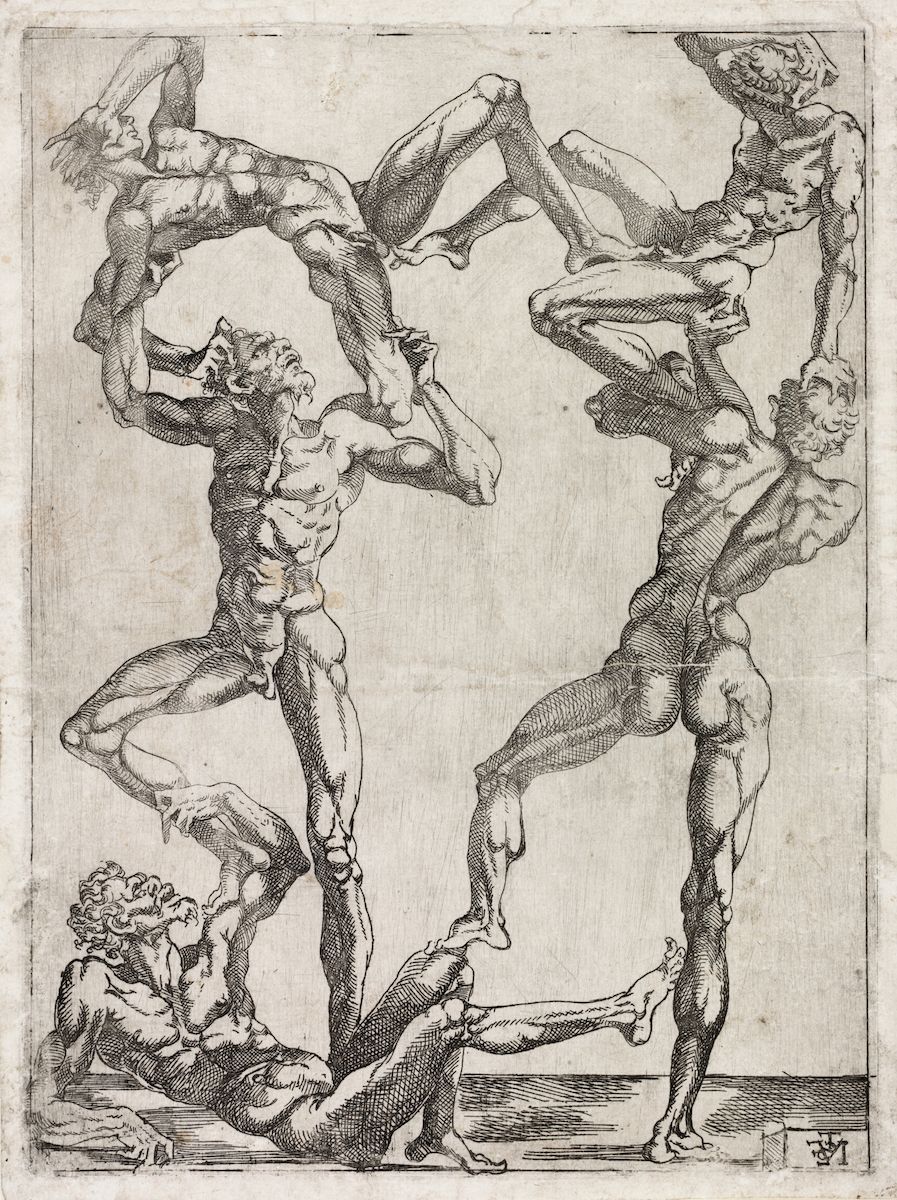 A black and white drawing of nude human figures in dynamic poses, stacked and intertwined in a complex composition.