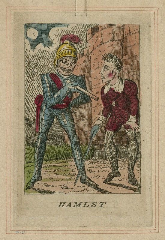 Vintage illustration of Hamlet confronting the ghost of his father.
